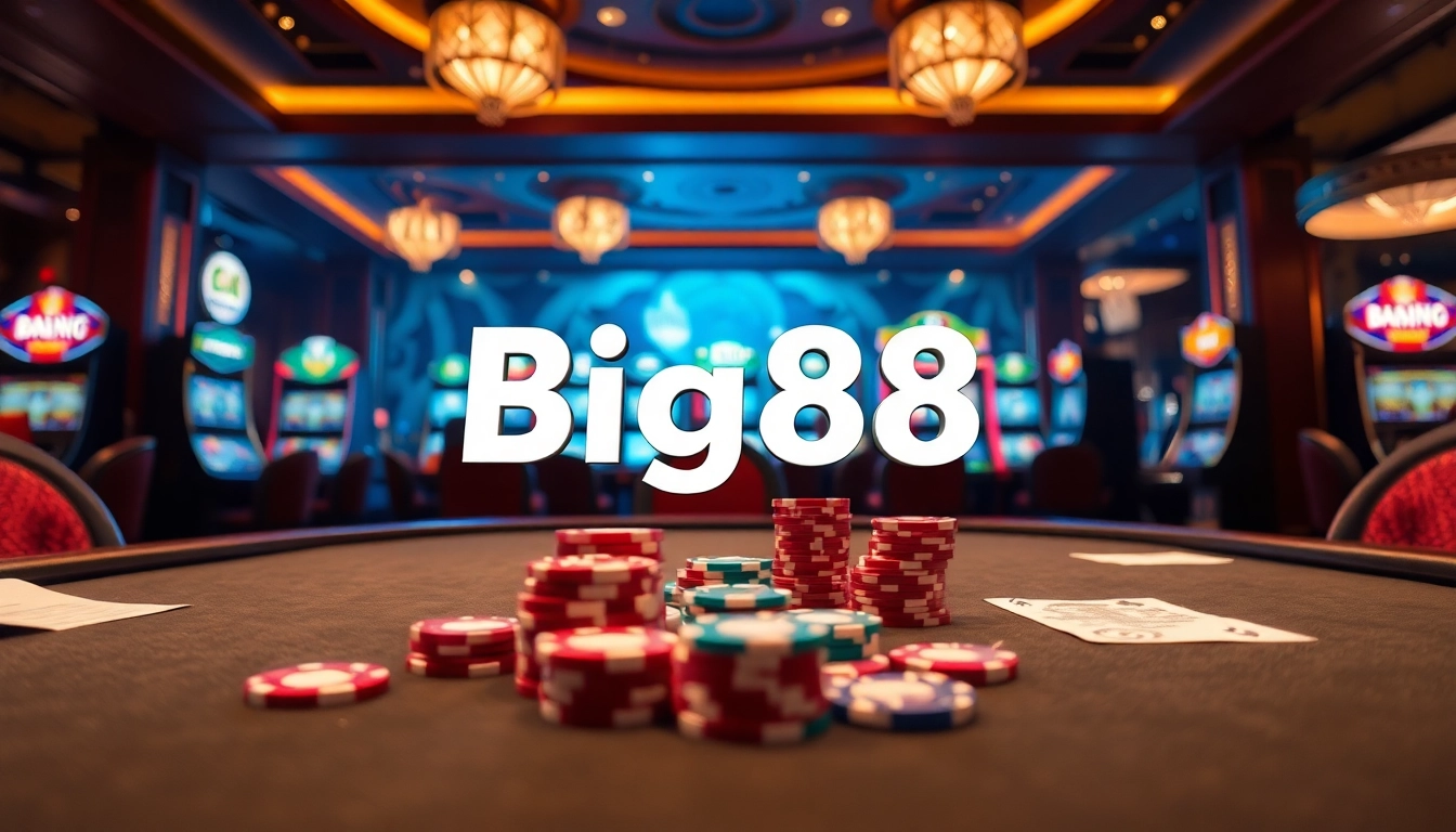 Big88 gaming table surrounded by excited players placing their bets on casino night.