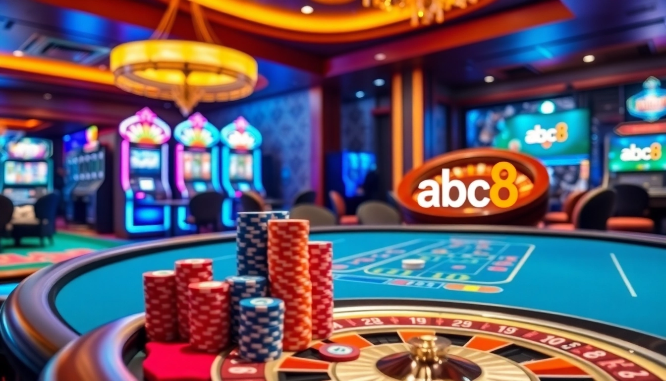 Experience thrilling wins at ABC8 with vibrant casino gameplay featuring poker and slot machines.