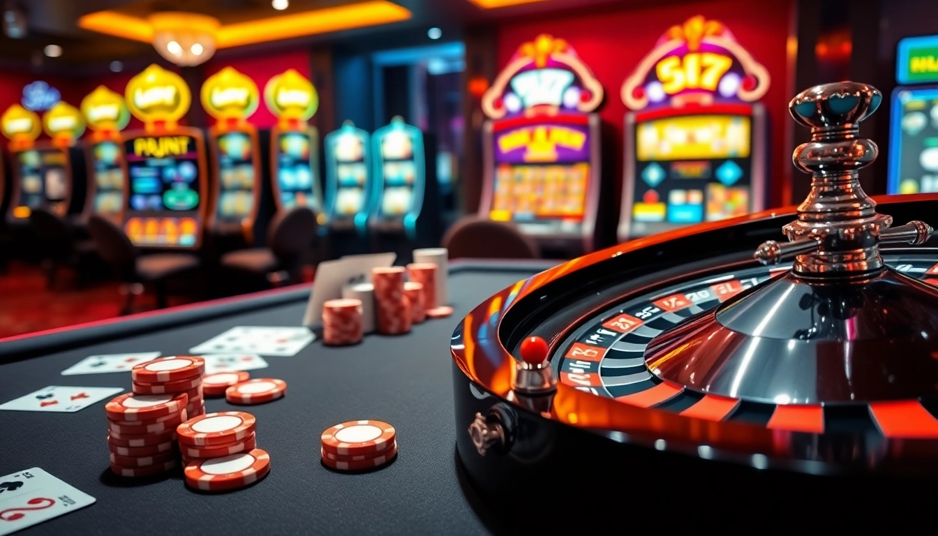 Experience the excitement of 98WIN with a vibrant online casino scene featuring a poker table, roulette wheel, and slot machines.