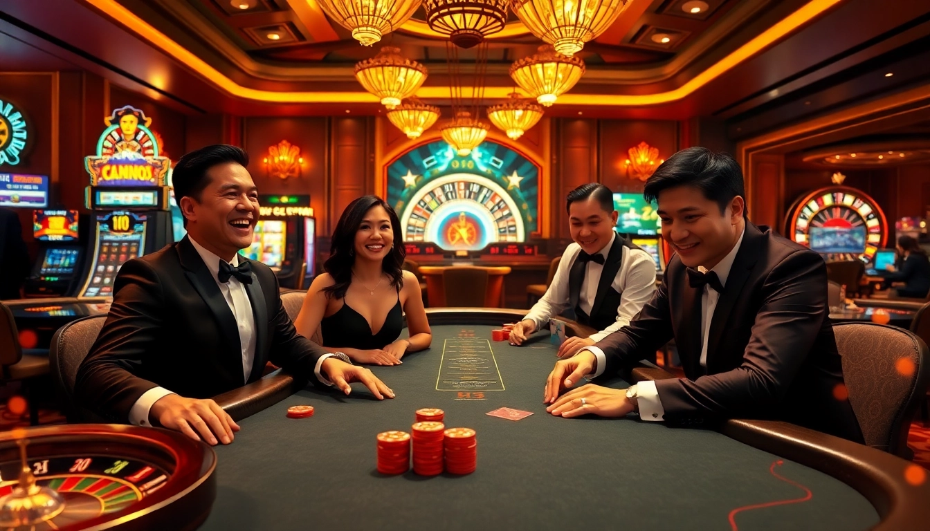 Excited players engaging in high-stakes poker at a casino, highlighting gamebaidoithuong excitement.