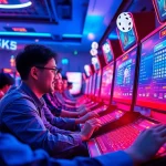 A vibrant scene of players engaging in Tài Xỉu MD5 at taixiumd5.world, showcasing digital dice and lively betting environments.