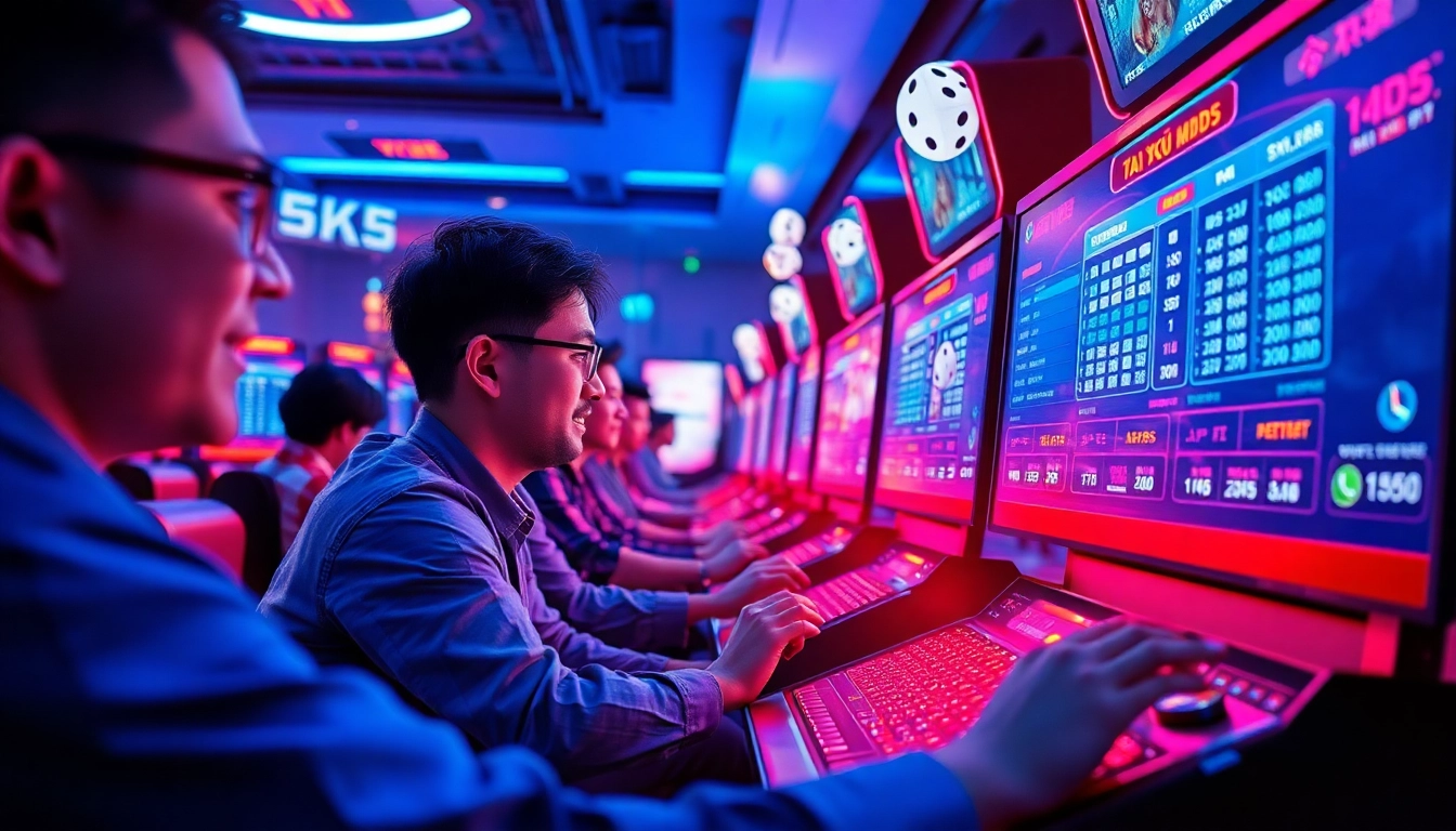 A vibrant scene of players engaging in Tài Xỉu MD5 at taixiumd5.world, showcasing digital dice and lively betting environments.